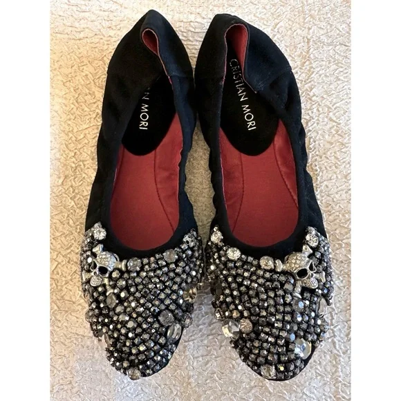 RARE! Gothic Skull Black Suede Leather Studded Ballet Flats Cristian Mori 4.5 - Picture 7 of 11